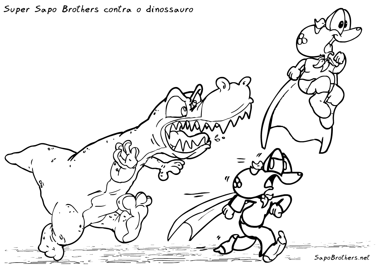 Sapo Brothers para Colorir: Sapo Brothers fugindo de um dinossauro