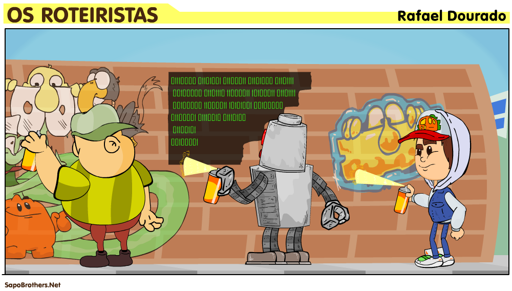 piada, inteligência artificial, rob�, escritor, roteiristas, roteiro, engraçado, piada, tiras, humor, HQ, quadrinhos, metalinguagem