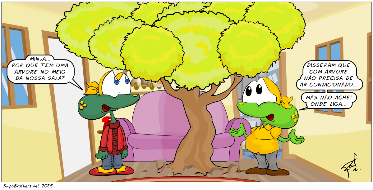 árvore, ar-condicionado, piada, tiras, humor, HQ, quadrinhos, infantil