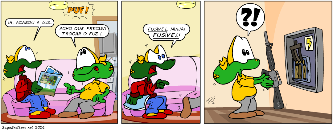 fuzil, fúsivel, luz, piada, tiras, humor, HQ, quadrinhos, infantil