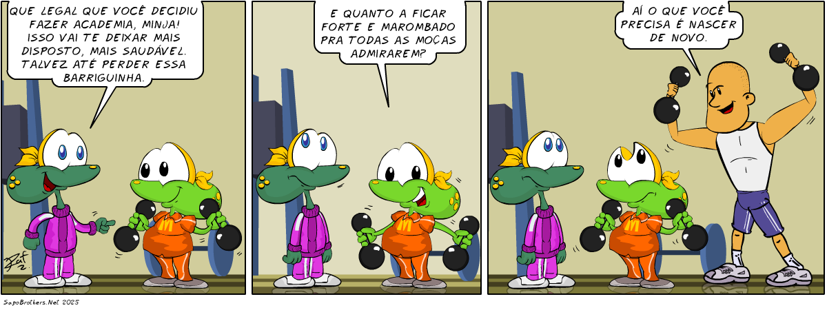 Academia, bombado, marombado, exercício, ginática, malhação, piada, tiras, humor, HQ, quadrinhos, infantil