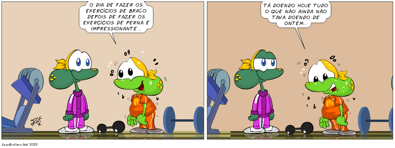 Academia, bombado, marombado, exercício, ginática, malhação, piada, tiras, humor, HQ, quadrinhos, infantil