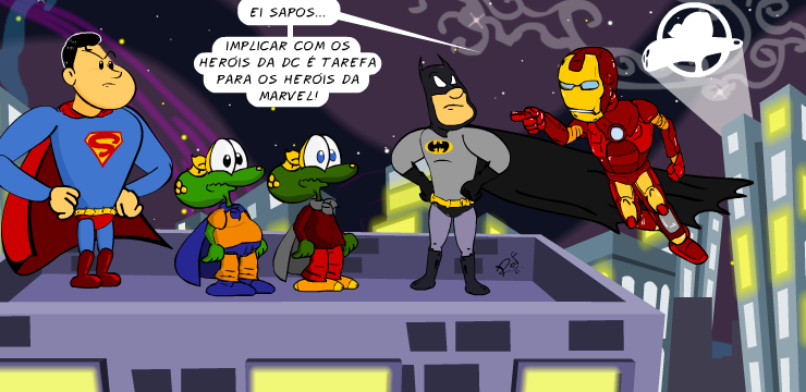 Homem de ferro, Batman, superman, Sapo Brothers, tiras, humor, HQ, quadrinhos, infantil