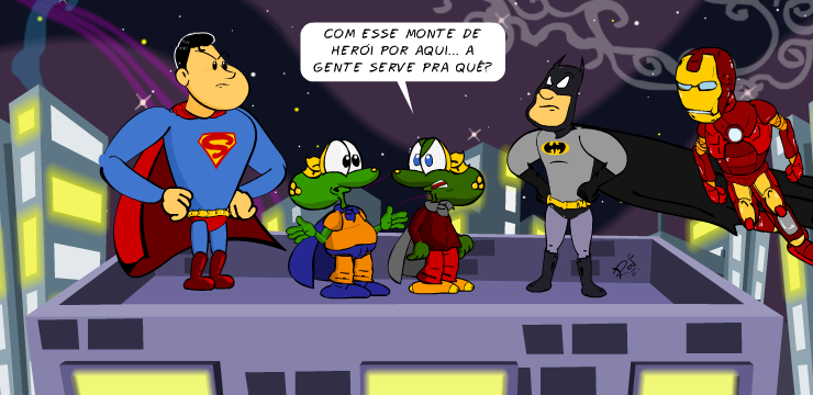 Homem de ferro, Batman, superman, Sapo Brothers, tiras, humor, HQ, quadrinhos, infantil